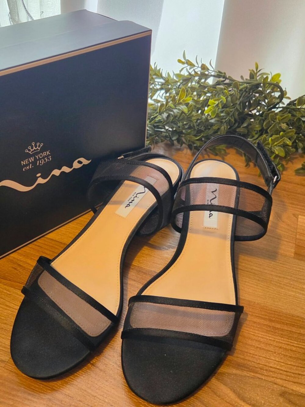 Nina New York Ganice Black Satin Mesh Block Heel Sandals - Size 9